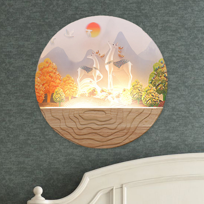Rounded Elk & Mountain Mural Lamp - Minimalist Led Wall Fixture With Wood Accents