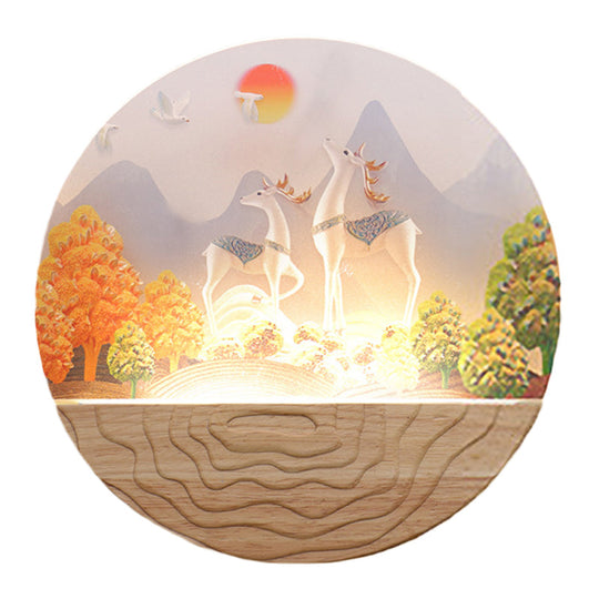Rounded Elk & Mountain Mural Lamp - Minimalist Led Wall Fixture With Wood Accents