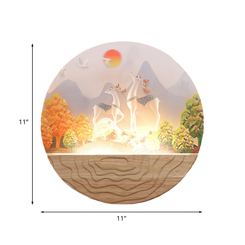Rounded Elk & Mountain Mural Lamp - Minimalist Led Wall Fixture With Wood Accents