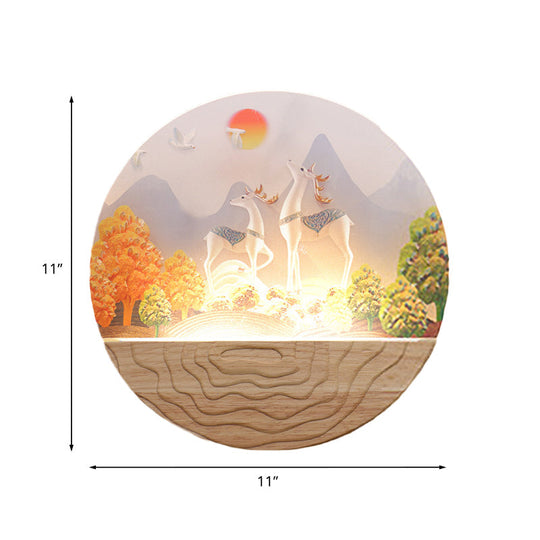 Rounded Elk & Mountain Mural Lamp - Minimalist Led Wall Fixture With Wood Accents