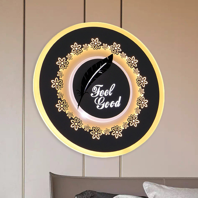 Modern Black Wall Mount Led Light Fixture With Feather/Blossom Pattern White / A