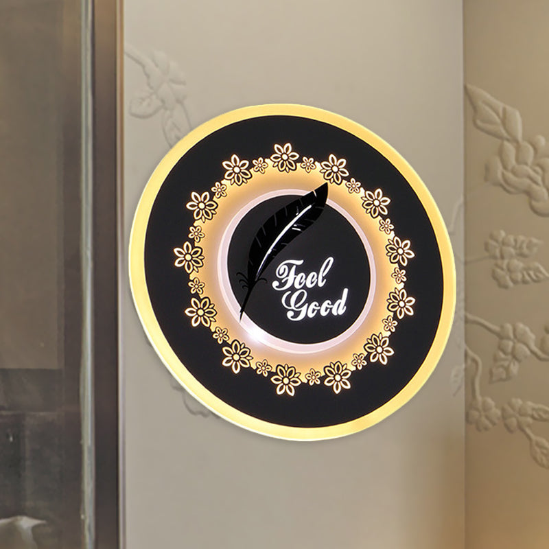 Modern Black Wall Mount Led Light Fixture With Feather/Blossom Pattern