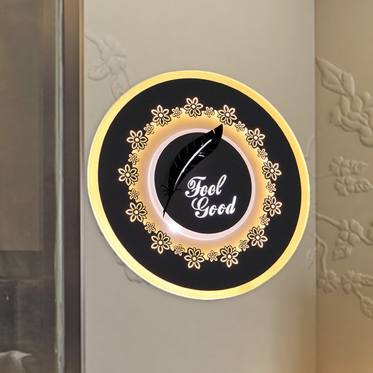 Modern Black Wall Mount Led Light Fixture With Feather/Blossom Pattern