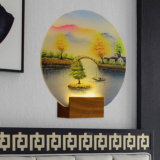 Simplified Led Mural Light: Acrylic Wood Circular Wall Fixture With Bridge And Water Design