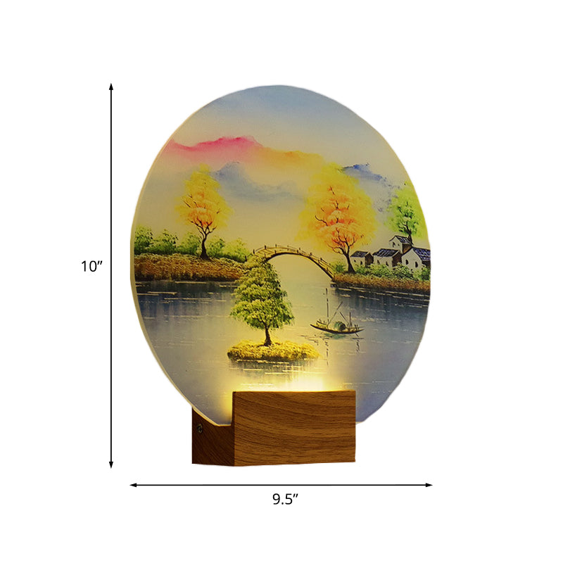 Simplified Led Mural Light: Acrylic Wood Circular Wall Fixture With Bridge And Water Design