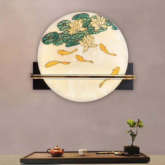Black Oriental Style Led Wall Lamp With Elk Deer/Fish Pattern - Acrylic Surface Rounded Design