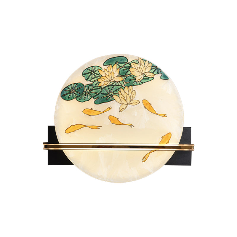 Black Oriental Style Led Wall Lamp With Elk Deer/Fish Pattern - Acrylic Surface Rounded Design