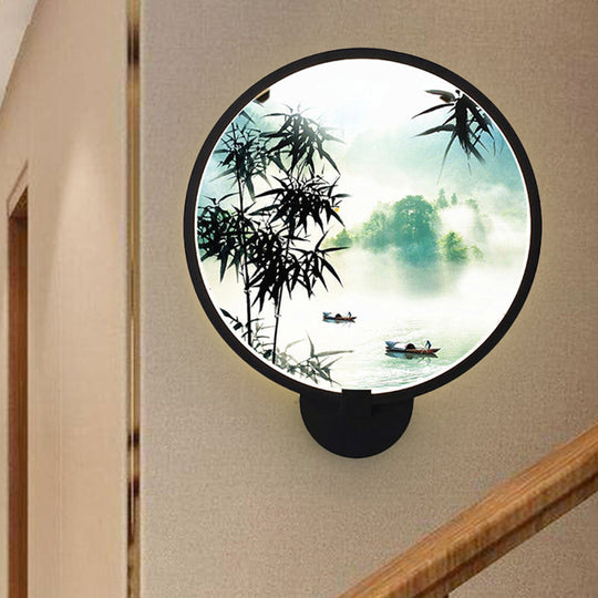 Rounded Natural Scenery Mural Acrylic Led Wall Mounted Light In Black - Asia Style / A