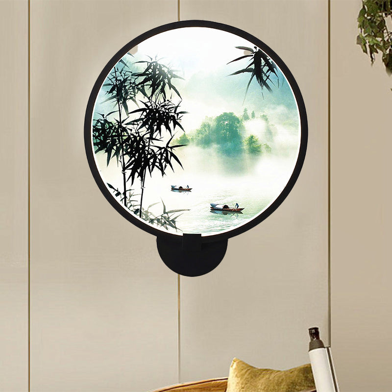 Rounded Natural Scenery Mural Acrylic Led Wall Mounted Light In Black - Asia Style
