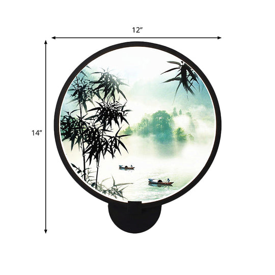 Rounded Natural Scenery Mural Acrylic Led Wall Mounted Light In Black - Asia Style