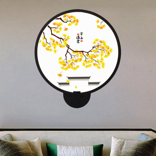 Rounded Natural Scenery Mural Acrylic Led Wall Mounted Light In Black - Asia Style