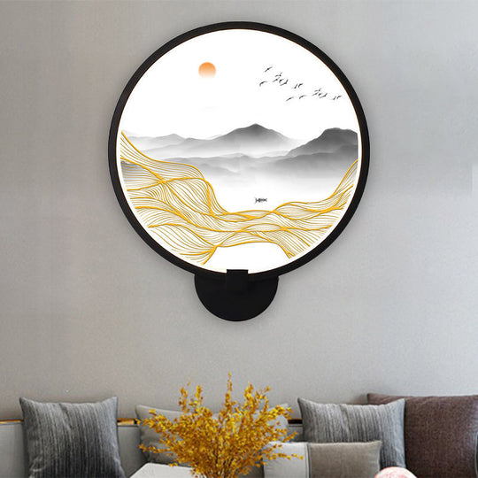 Rounded Natural Scenery Mural Acrylic Led Wall Mounted Light In Black - Asia Style / C