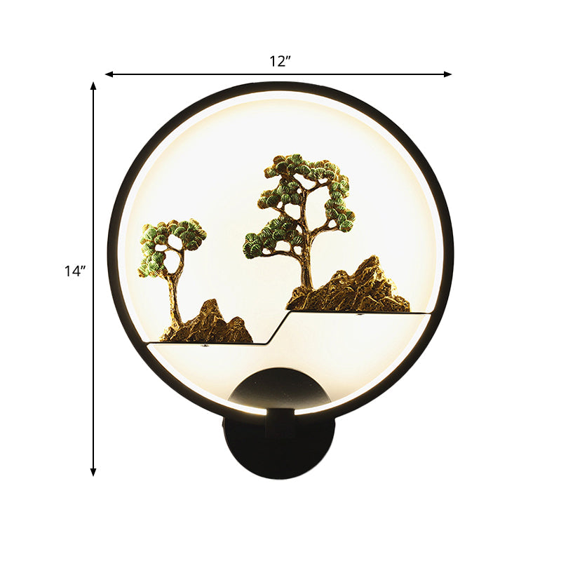 Rounded Natural Scenery Mural Acrylic Led Wall Mounted Light In Black - Asia Style