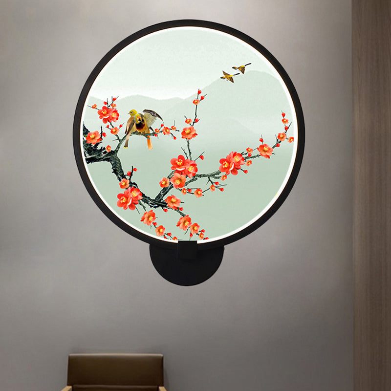 Chinese Metal Led Wall Lamp With Circular Natural View - Black Mural Light For Bedroom / A