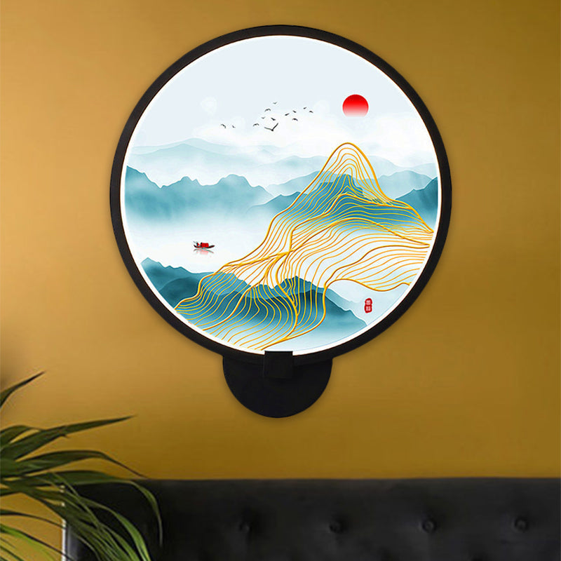 Chinese Metal Led Wall Lamp With Circular Natural View - Black Mural Light For Bedroom
