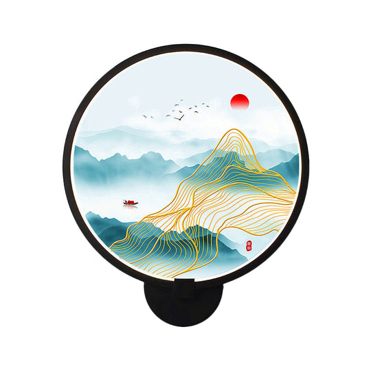 Chinese Metal Led Wall Lamp With Circular Natural View - Black Mural Light For Bedroom
