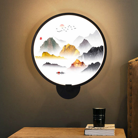 Chinese Metal Led Wall Lamp With Circular Natural View - Black Mural Light For Bedroom / C