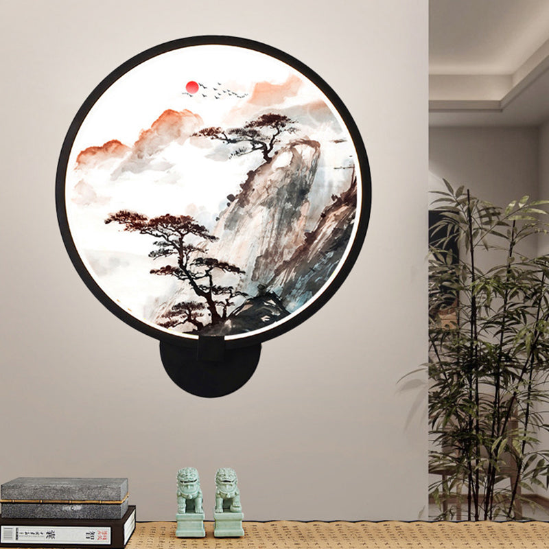 Chinese Black Pine Tree Led Wall Light With Mountain Mural - Stylish Hallway Lighting Fixture