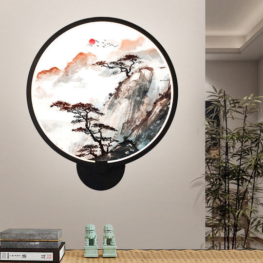 Chinese Black Pine Tree Led Wall Light With Mountain Mural - Stylish Hallway Lighting Fixture