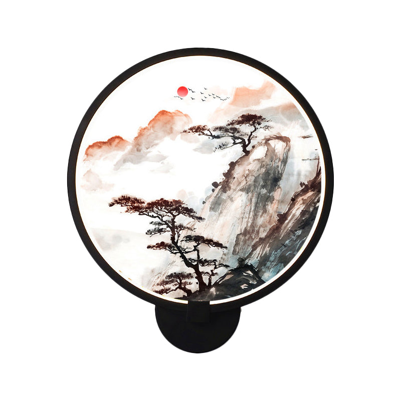 Chinese Black Pine Tree Led Wall Light With Mountain Mural - Stylish Hallway Lighting Fixture