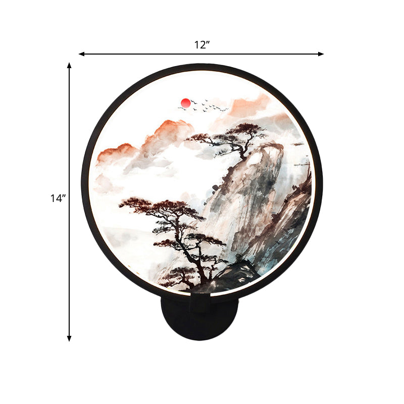 Chinese Black Pine Tree Led Wall Light With Mountain Mural - Stylish Hallway Lighting Fixture