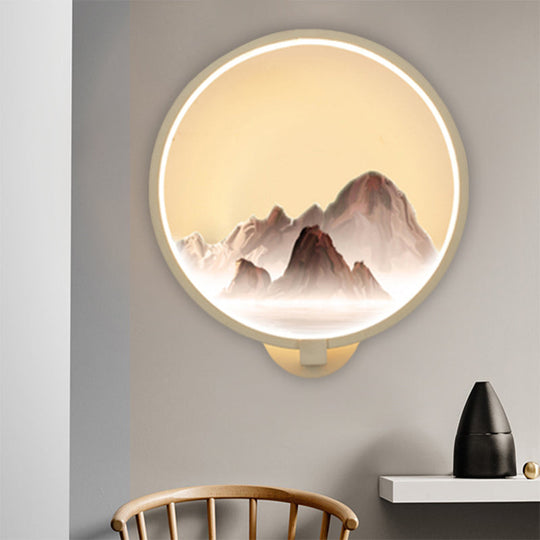 Led Oriental Style Wall Lamp With Mountain Pattern - White Circular Metal Lighting Idea