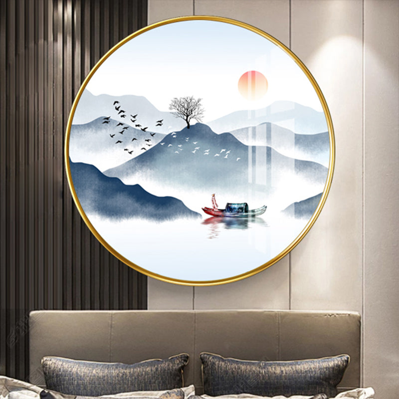 Chinese Style Led Fabric Round Wall Lighting Fixture With Mountain Mural In Gold