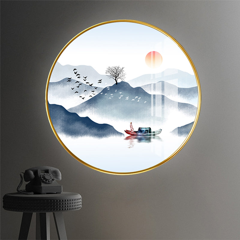 Chinese Style Led Fabric Round Wall Lighting Fixture With Mountain Mural In Gold