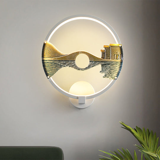 Black/White Round Bridge Wall Mural Led Acrylic Light Fixture Oriental Style