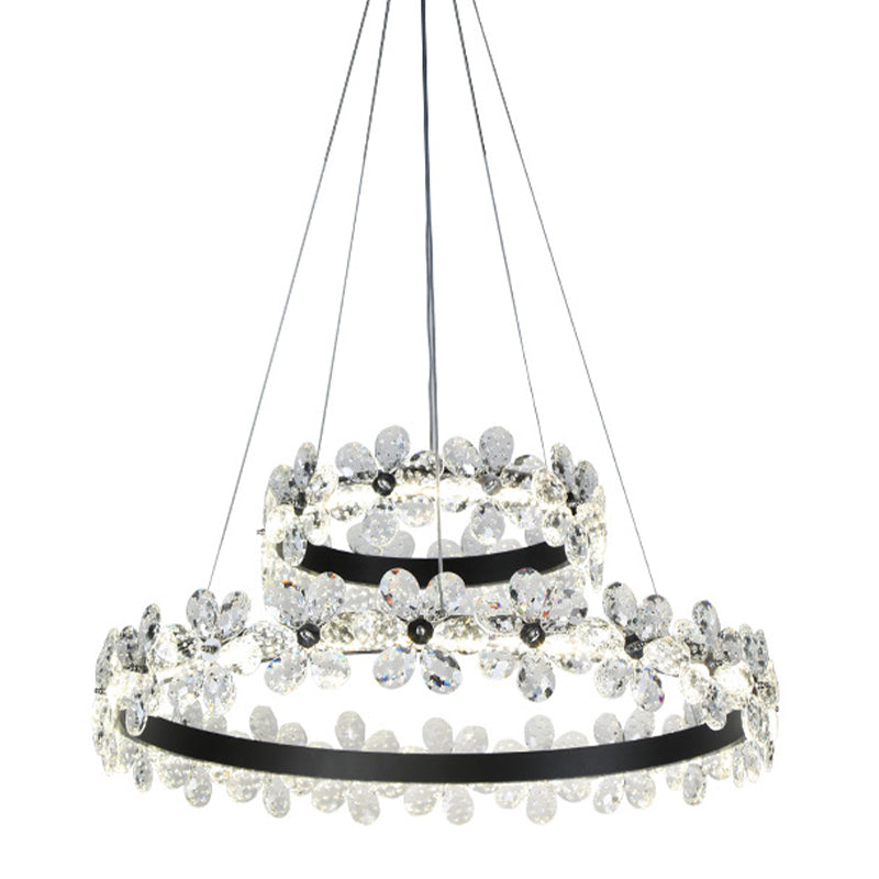 Minimalistic Black Crystal Flower Led Chandelier Lighting - Living Room Hoop Hanging Light Kit