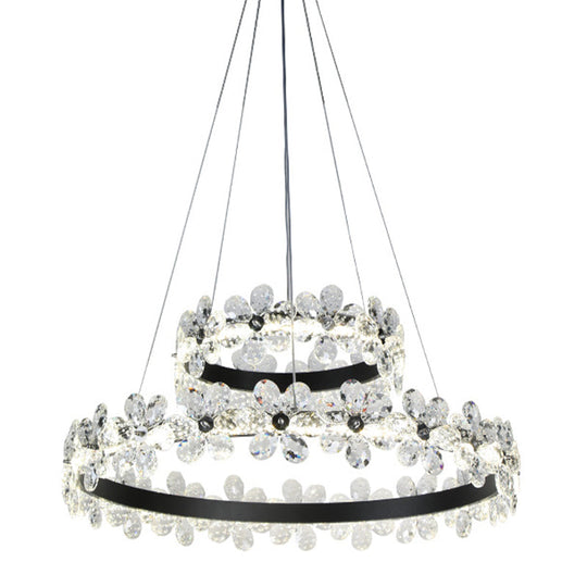 Minimalistic Black Crystal Flower Led Chandelier Lighting - Living Room Hoop Hanging Light Kit