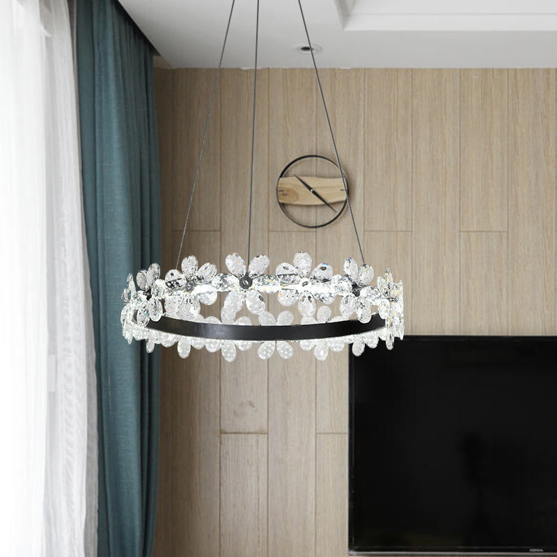 Minimalistic Black Crystal Flower Led Chandelier Lighting - Living Room Hoop Hanging Light Kit