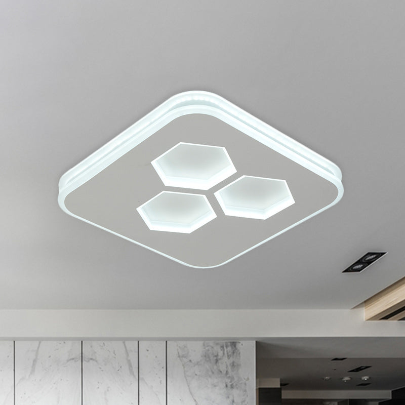 Modern Square Led White Flush Mount Ceiling Light With Acrylic Cover And Hexagon Design