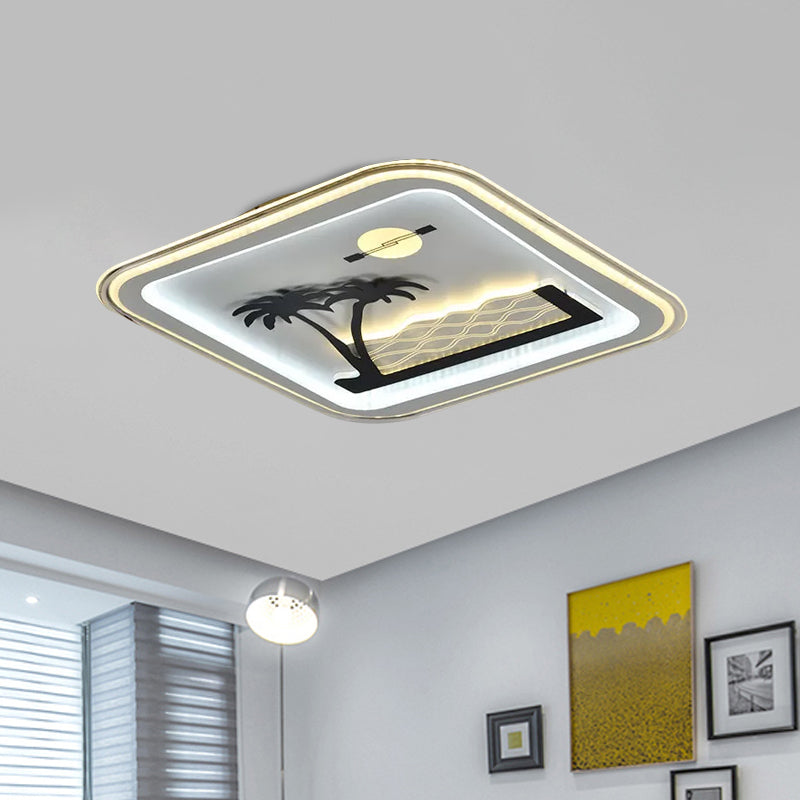 Modern Square Flushmount Led Lamp With Tree Pattern In White - Bedroom Fixture