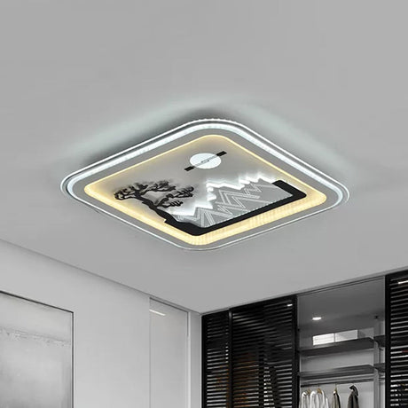 Modern Square Flushmount Led Lamp With Tree Pattern In White - Bedroom Fixture