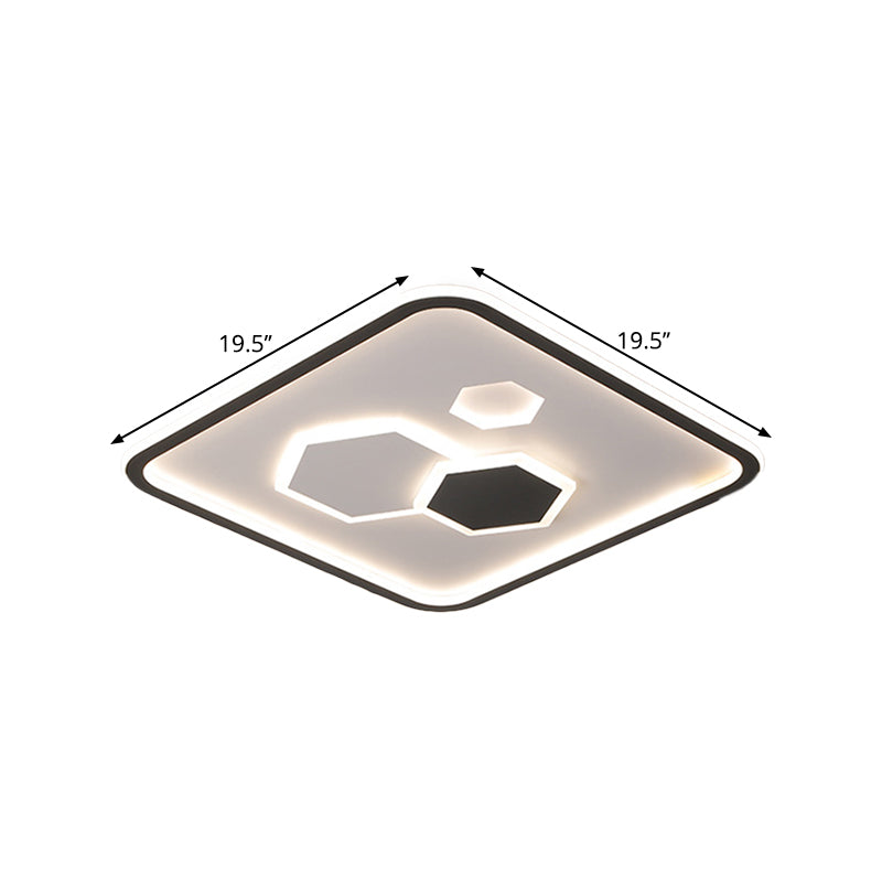 Square Flush Mount With Hexagon Pattern Modern Metallic Led Lamp (Black/White/Warm Light)