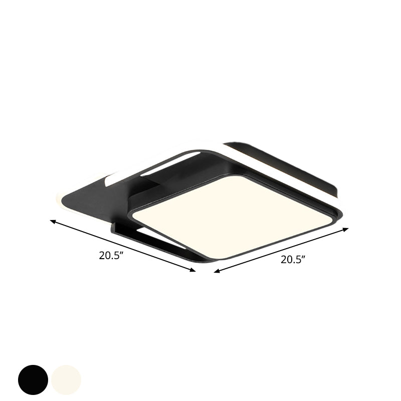 Minimal Led Flushmount Lamp - White/Black Square Metallic Finish 16.5’/20.5’ Wide Warm Light