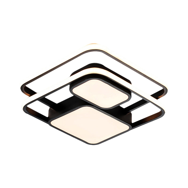 Contemporary Metallic Squared Flush Mount Lamp - White/Black Led Light 16.5/20.5 Width White/Warm