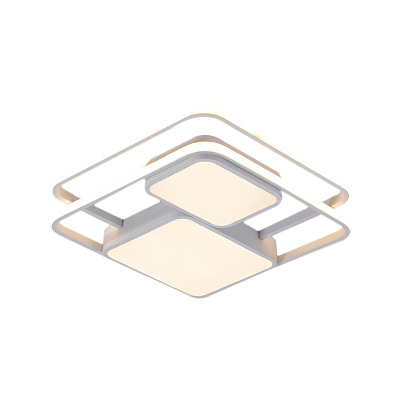 Contemporary Metallic Squared Flush Mount Lamp - White/Black Led Light 16.5’/20.5’ Width White/Warm
