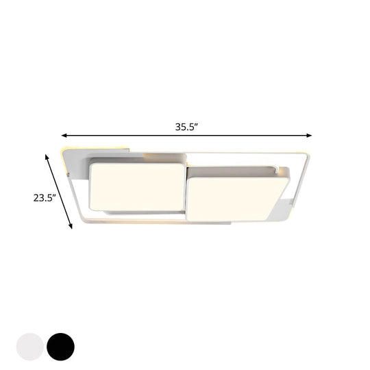Modern Metal Led Flush Ceiling Light For Living Room - Rectangular White/Black Fixture With Warm