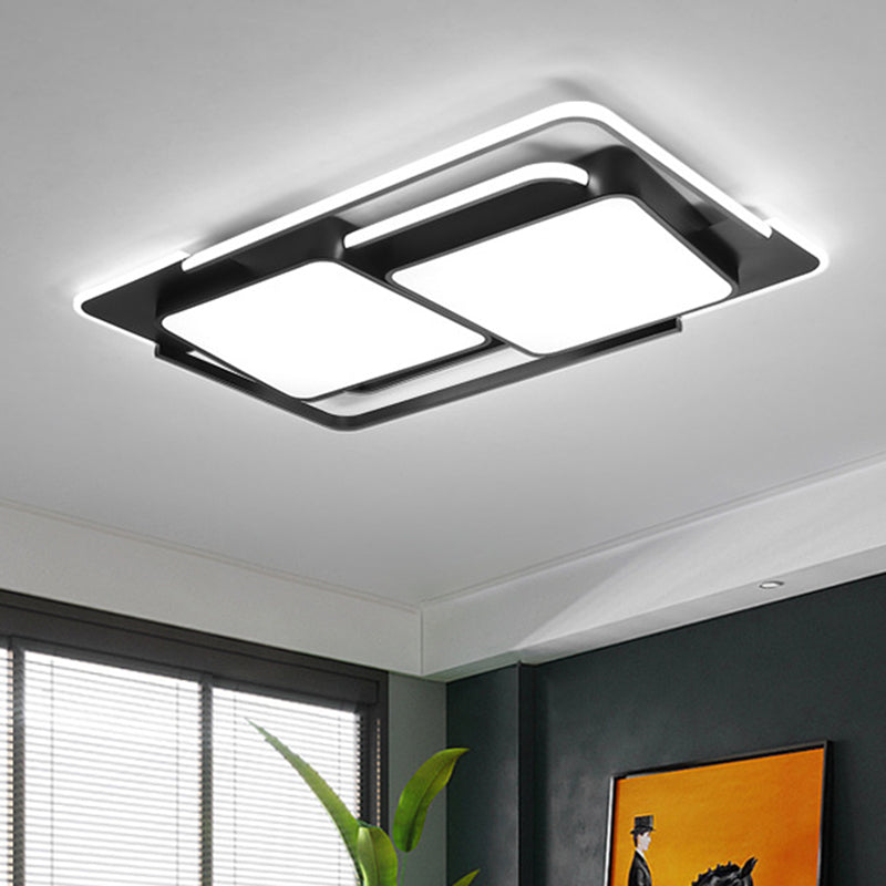 Modern Metal Led Flush Ceiling Light For Living Room - Rectangular White/Black Fixture With Warm