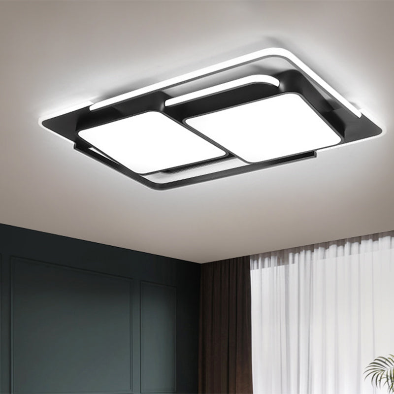 Modern Metal Led Flush Ceiling Light For Living Room - Rectangular White/Black Fixture With Warm