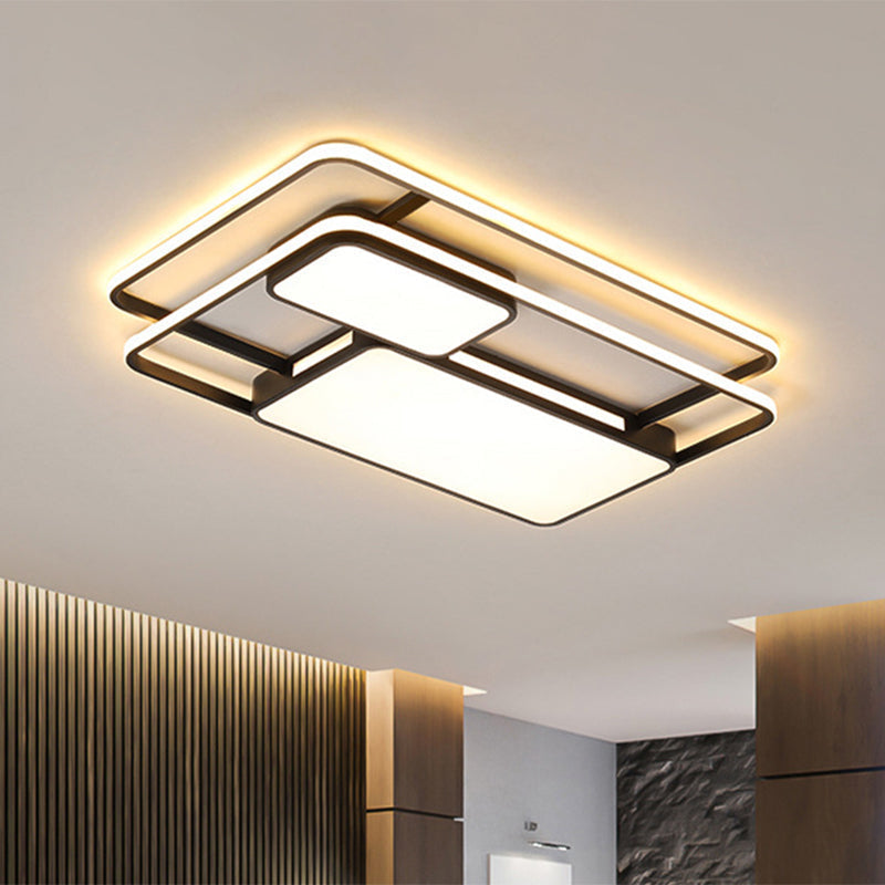 Rectangular Led Flush Ceiling Light In White/Black With Modernist Metallic Finish - White/Warm