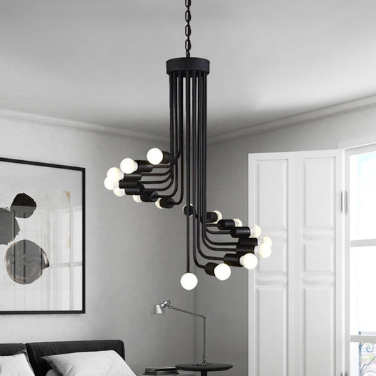 Industrial Angled Arm Ceiling Chandelier With Spiral Iron Design - Black Finish 16/26 Bulbs Perfect