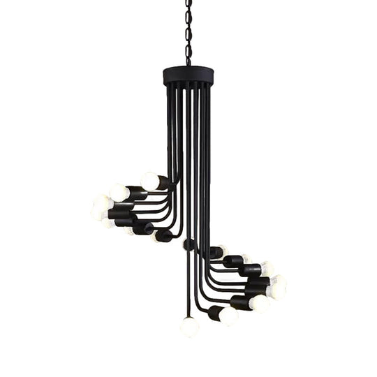 Industrial Angled Arm Ceiling Chandelier With Spiral Iron Design - Black Finish 16/26 Bulbs Perfect