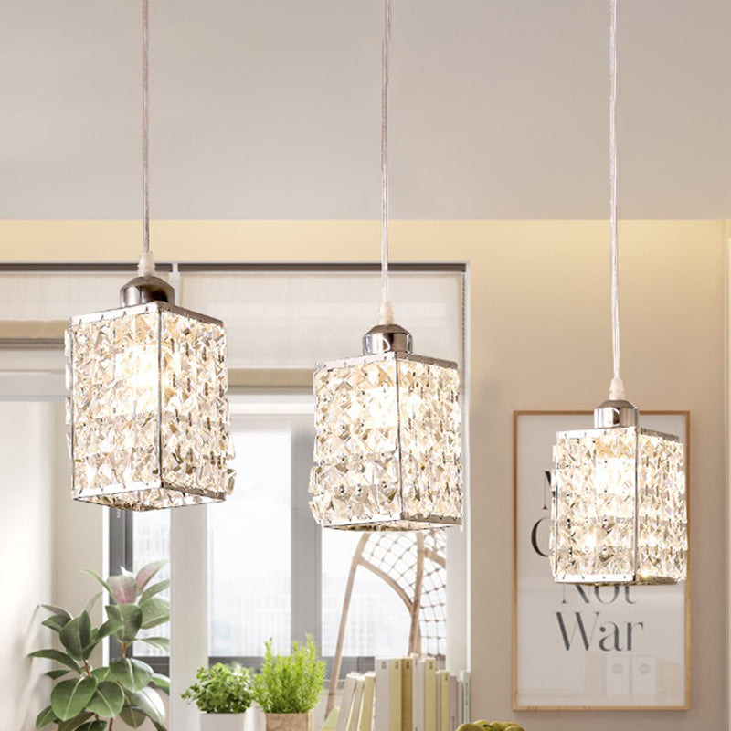 Modern Cuboid Crystal Pendant Light With 3 Chrome Heads - Kitchen Suspension Beveled Cut