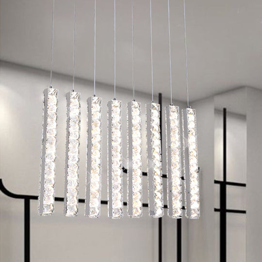 Minimalist Crystal-Encrusted Rectangle Led Hanging Light For Dining Table In Chrome
