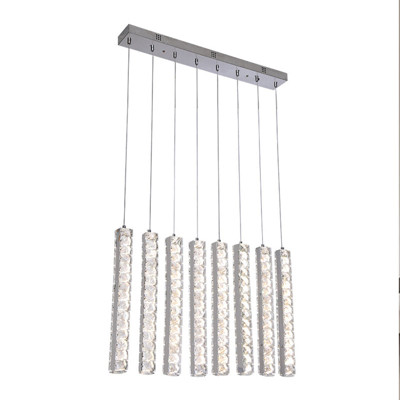 Minimalist Crystal-Encrusted Rectangle Led Hanging Light For Dining Table In Chrome