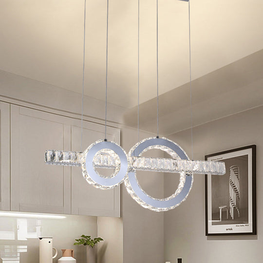 Minimal Linear Led Ceiling Pendant Lamp With Crystal-Embedded Down Lighting In Stainless Steel