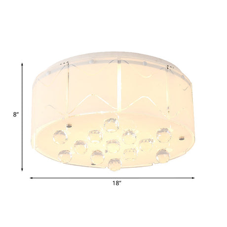 Modern White Frosted Glass Ceiling Light With Crystal Orb Drop - 6 Bulbs Drum Flush Mount